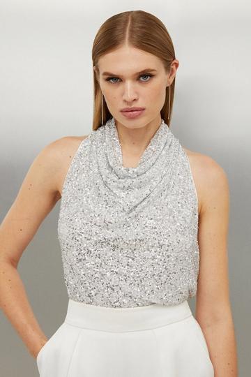 Silver Jersey Sequin Cowl Neck Top