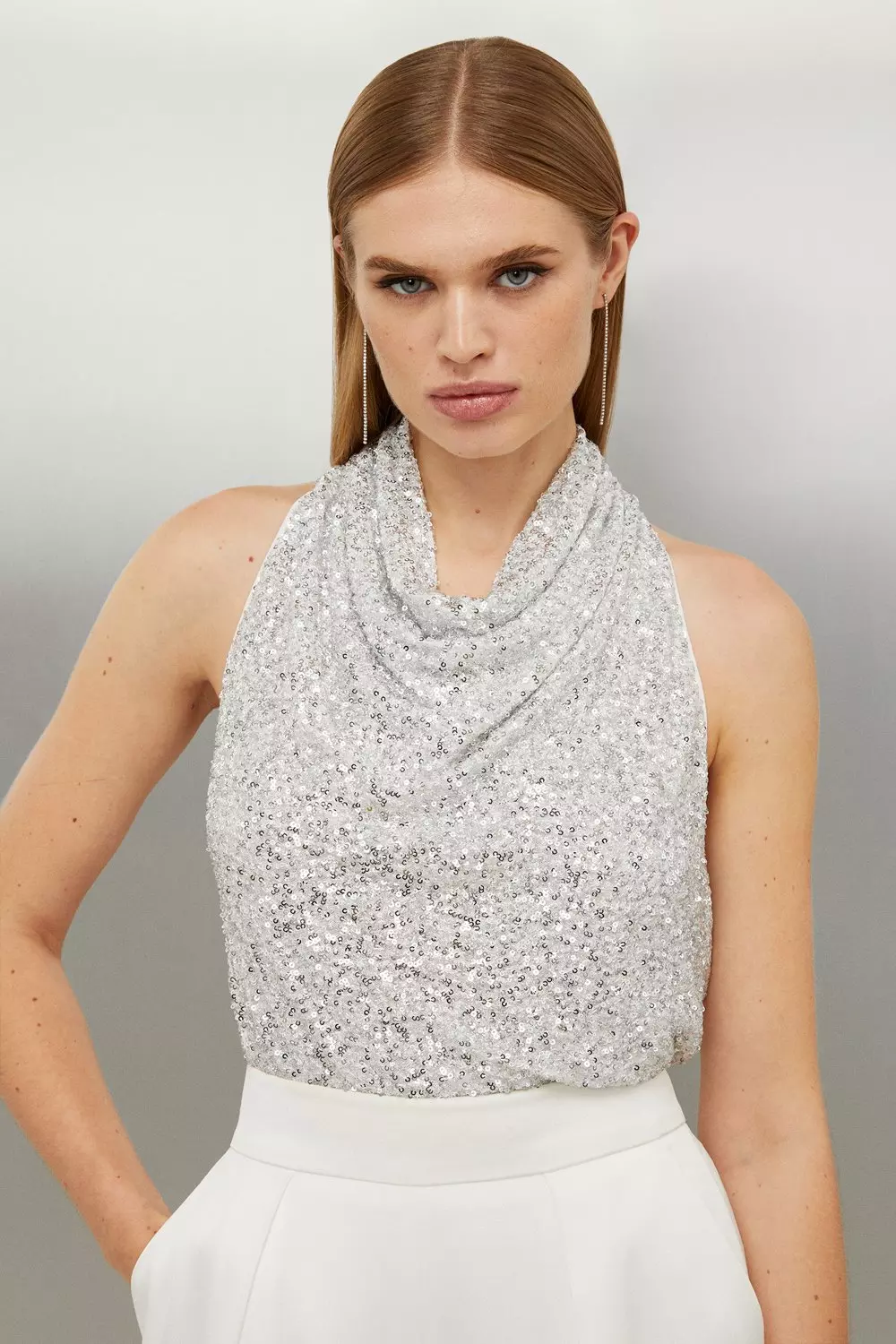 Sequin Trim Mock Neck Top