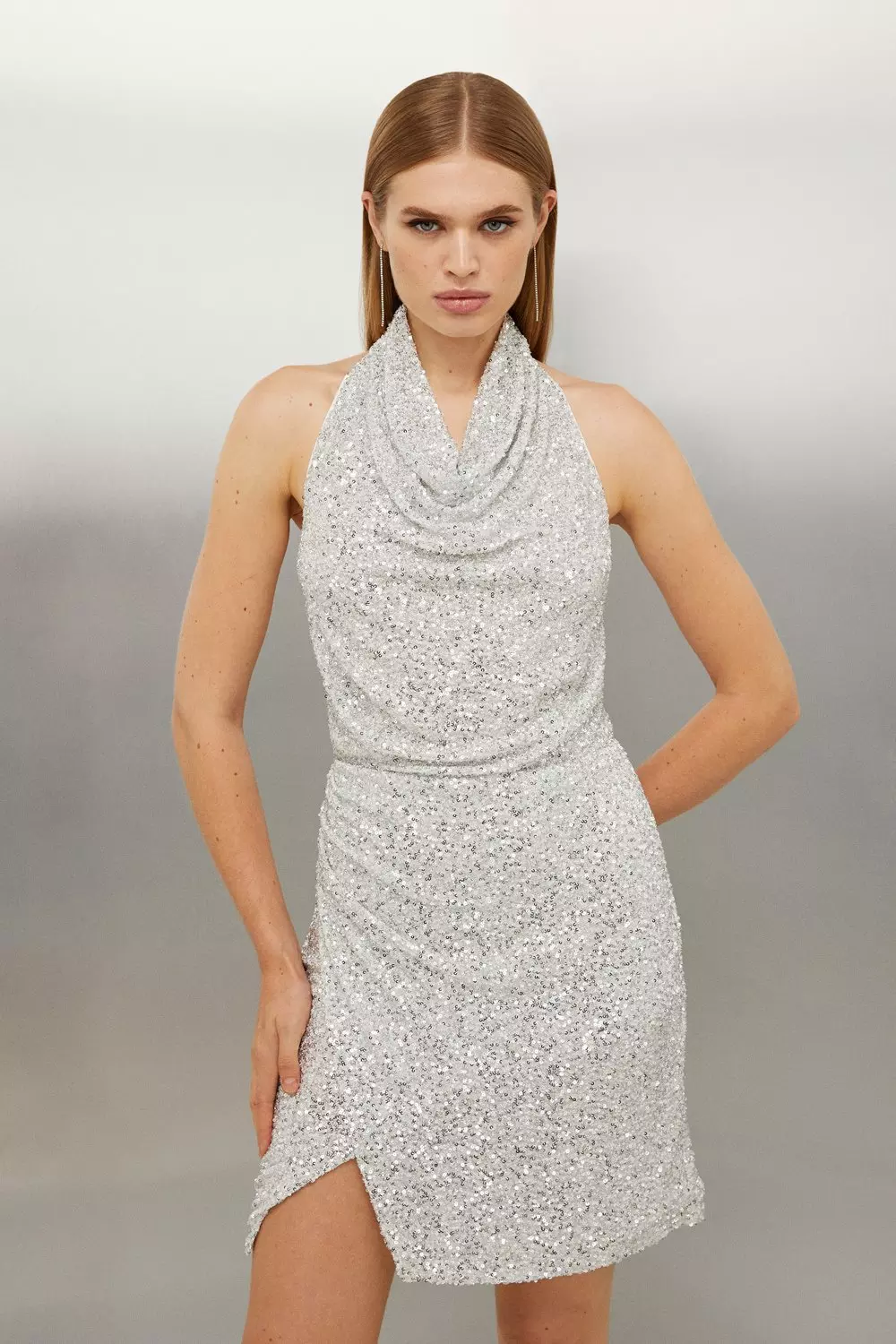 White Sequin Halter Neck Mini Dress