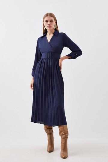 Tall Pleated Georgette Belted Woven Maxi Dress navy