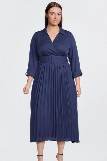 Plus Size Pleated Georgette Belted Woven Maxi Dress navy