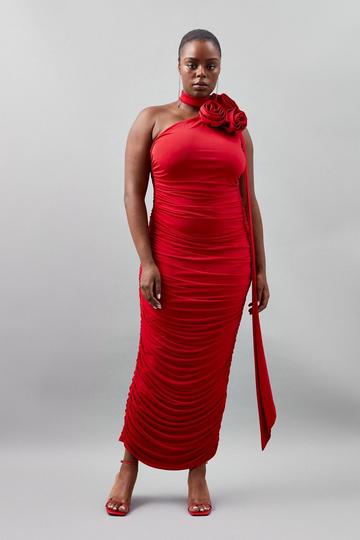 Red Plus Size Drapey Ruched Jersey Rosette Midi Dress