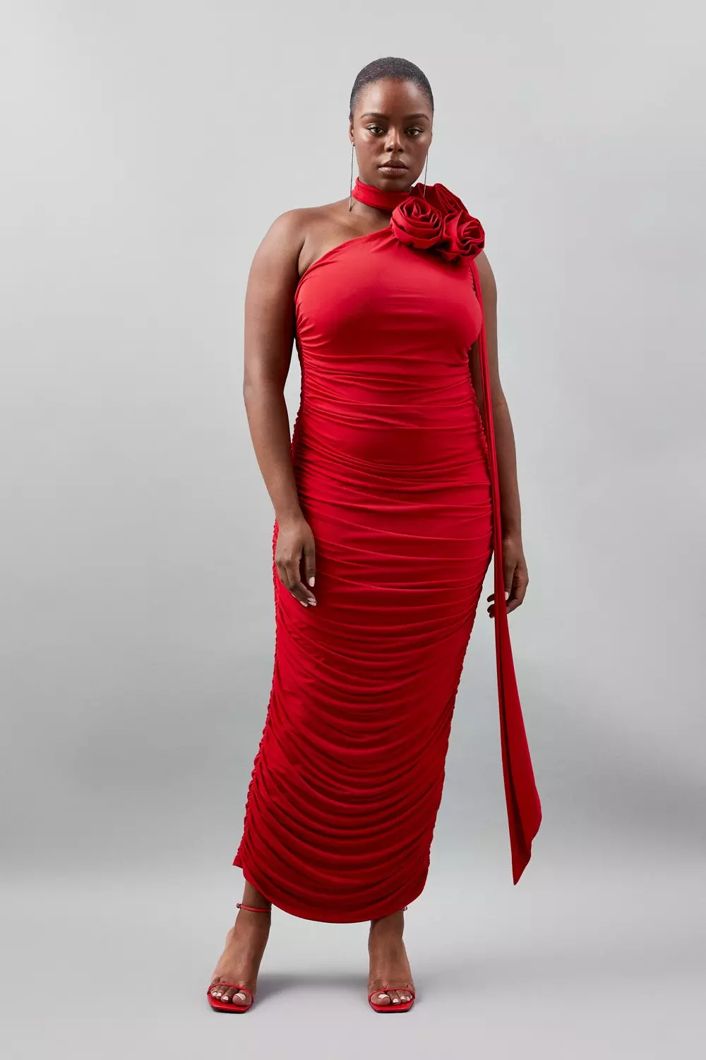 Plus Size Drapey Ruched Jersey Rosette Midi Dress