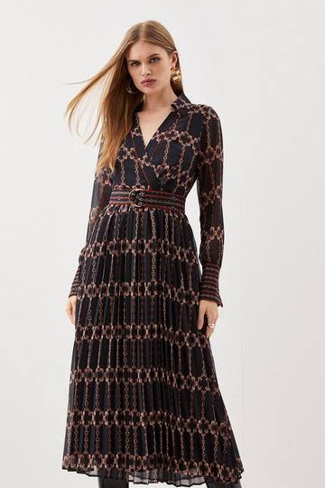 Geo Pleated Georgette Belted Woven Maxi Dress chain