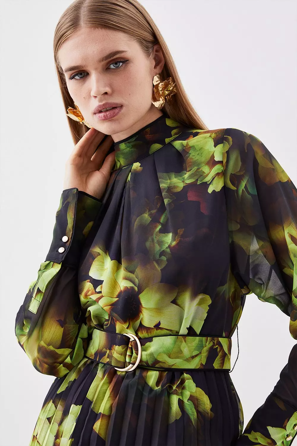 Floral Printed Georgette Pleated Woven Maxi Dress Karen Millen