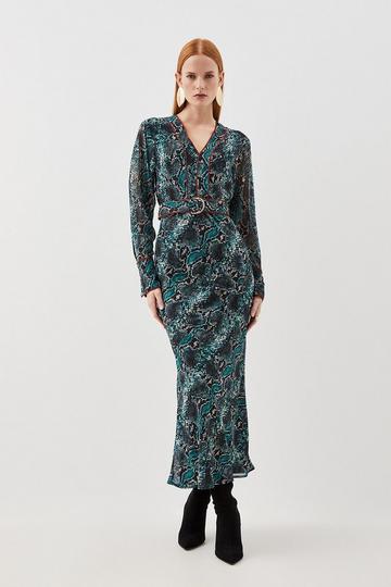 Petite Printed Georgette Woven Maxi Dress With Scarf Detail snake