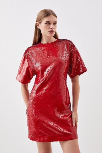 Red Sequin Woven Mini Dress