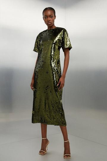 Tall Sequin Woven Midi Dress khaki