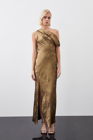 Premium Metallic Ruched One Shoulder Woven Maxi Dress gold
