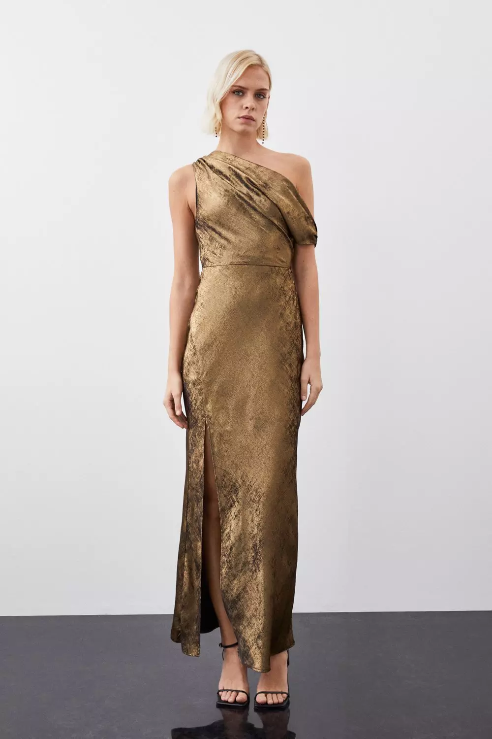 Petite Premium Metallic Ruched One Shoulder Woven Maxi Dress