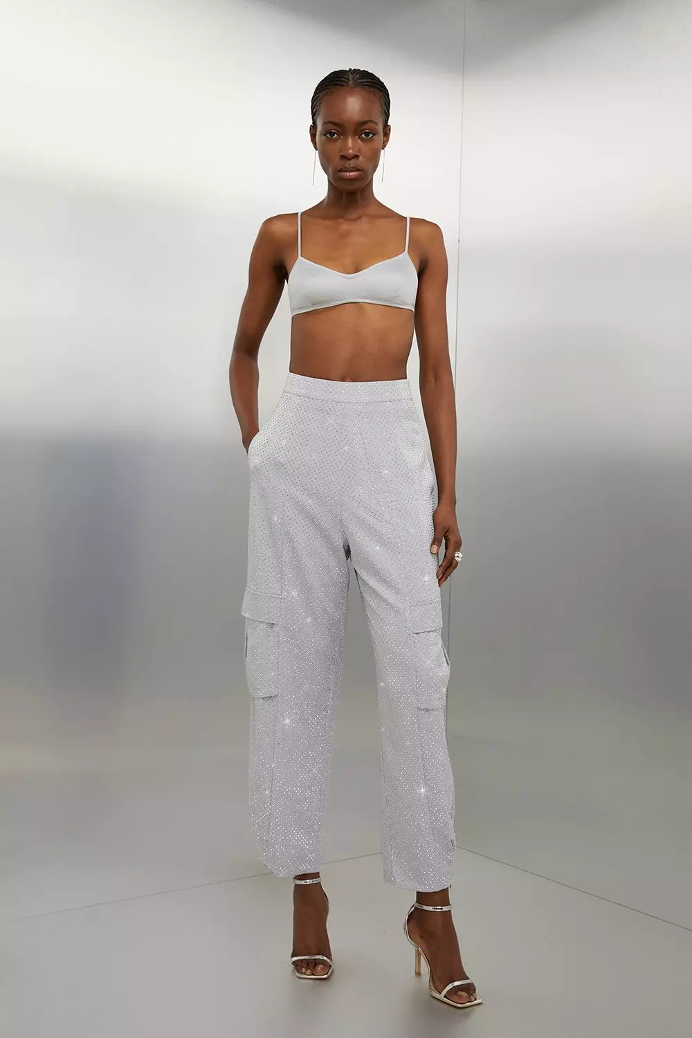 Satin Embellished Woven Cargo Pants