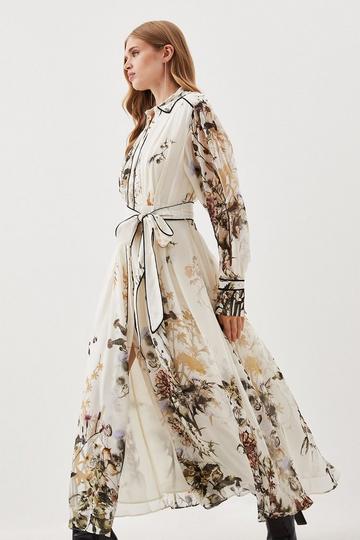 Lydia Millen Petite Viscose Woven Floral Boarder Shirt Midi Dress ivory
