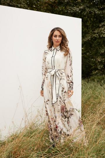 Lydia Millen Viscose Floral Border Woven Shirt Midi Dress ivory