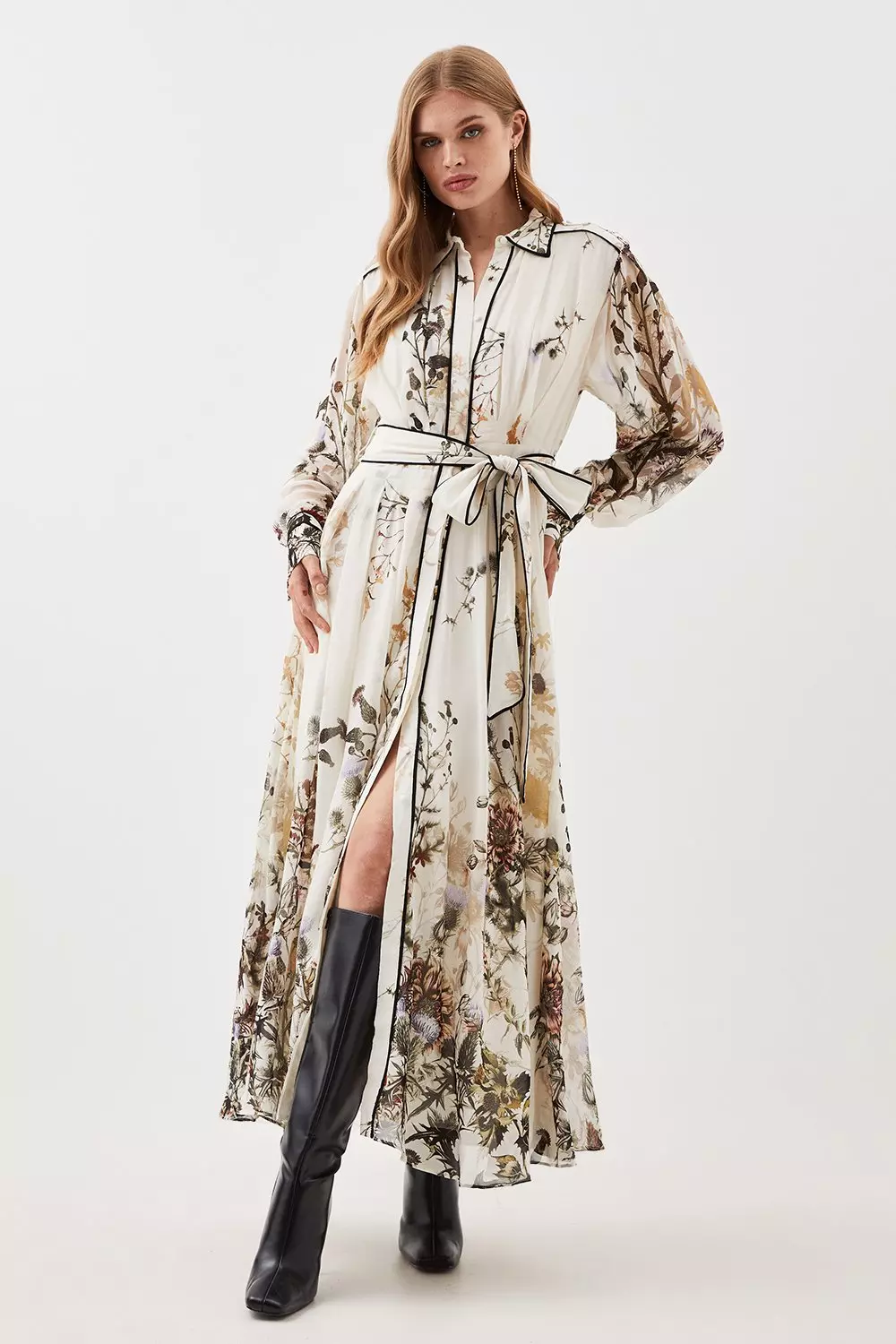 Lydia Millen Viscose Floral Border Woven Shirt Midi Dress Karen Millen