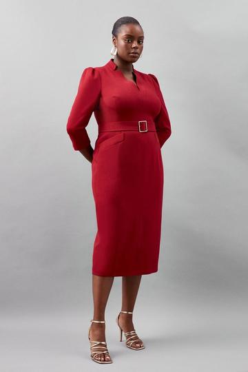 Red Plus Size Tailored Structured Crepe Forever Belted Pencil Midi Dress