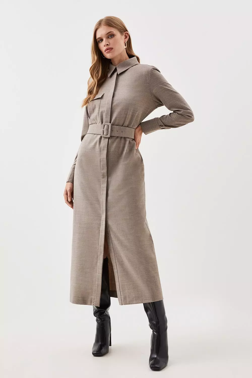 Lydia Millen Tailored Wool Blend Belted Shirt Dress