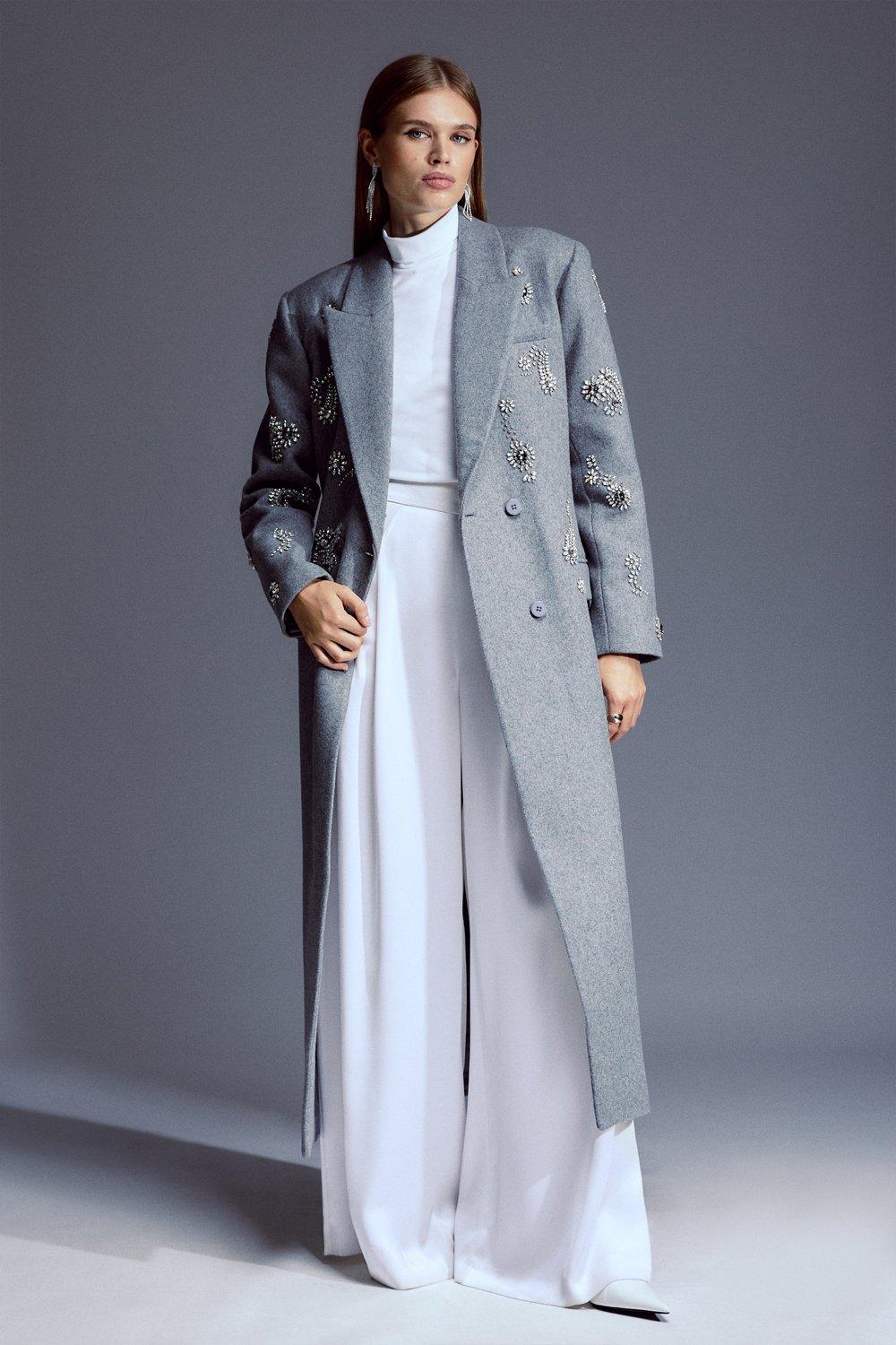 Tailored Wool Blend Embellished Maxi Coat Karen Millen