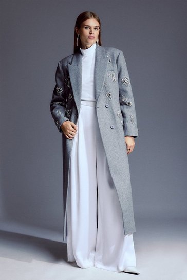 Grey Tailored Wool Blend Embellished Maxi Coat  