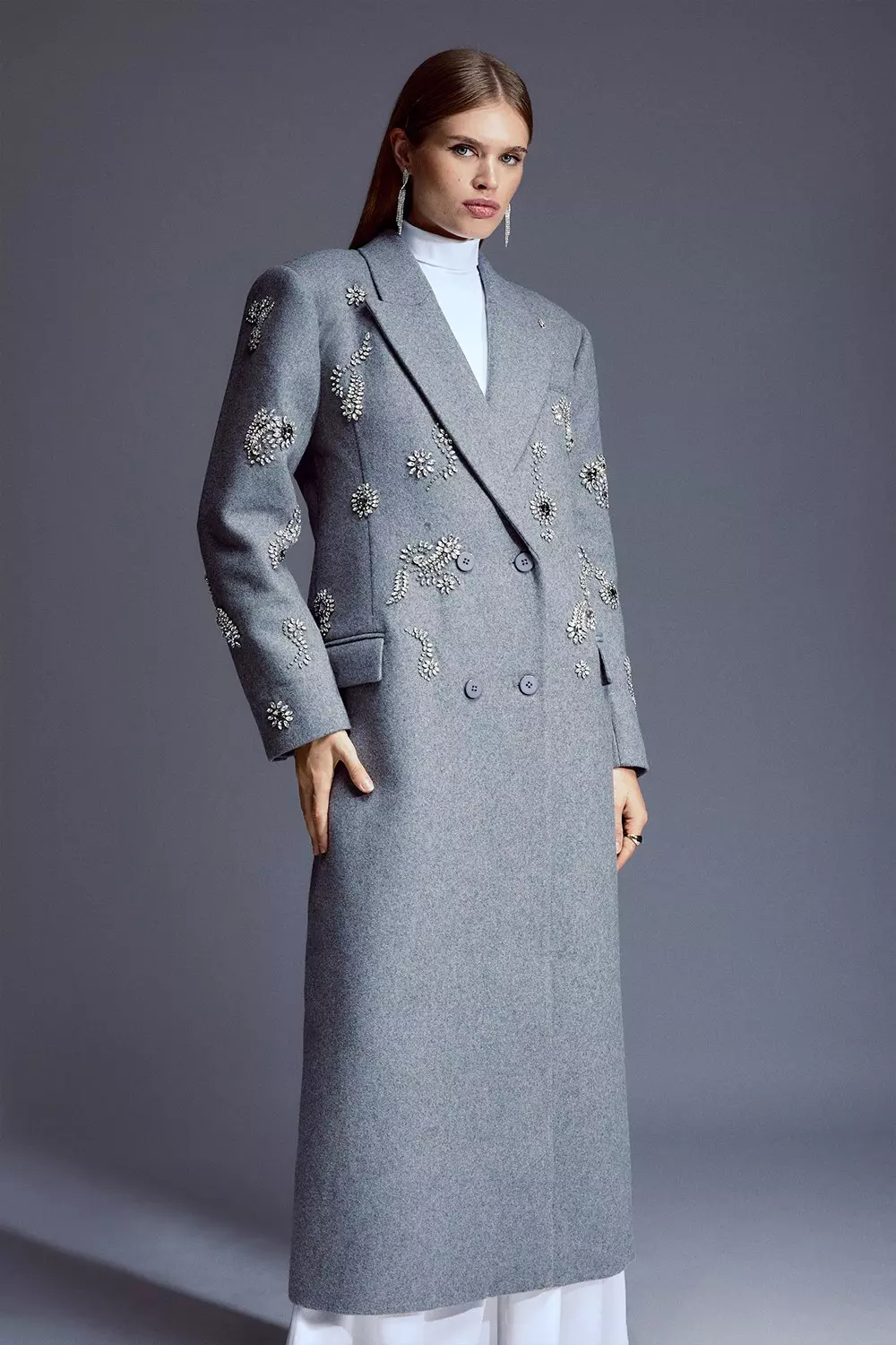 Tailored Wool Blend Embellished Maxi Coat | Karen Millen
