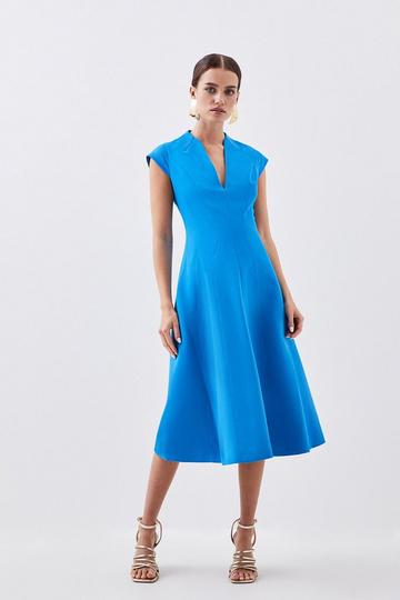 Petite Tailored Seam Detail High Neck Full Skirt Midi Dress blue