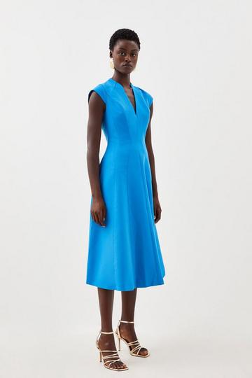 Tailored Seam Detail High Neck Full Skirt Midi Dress blue
