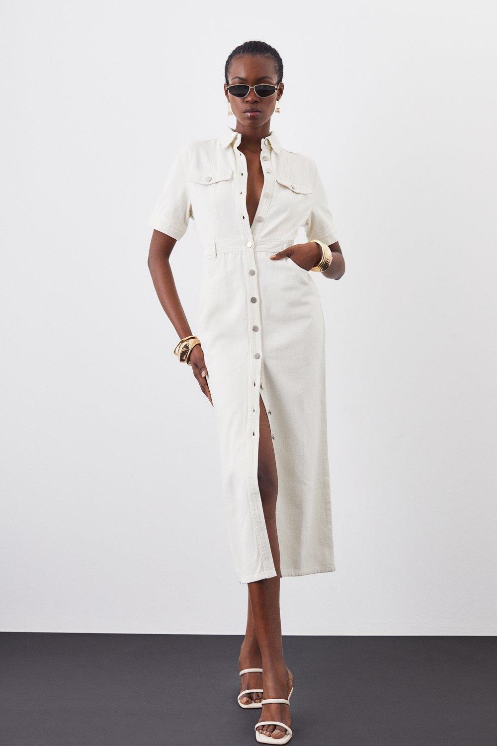 White denim store button up dress