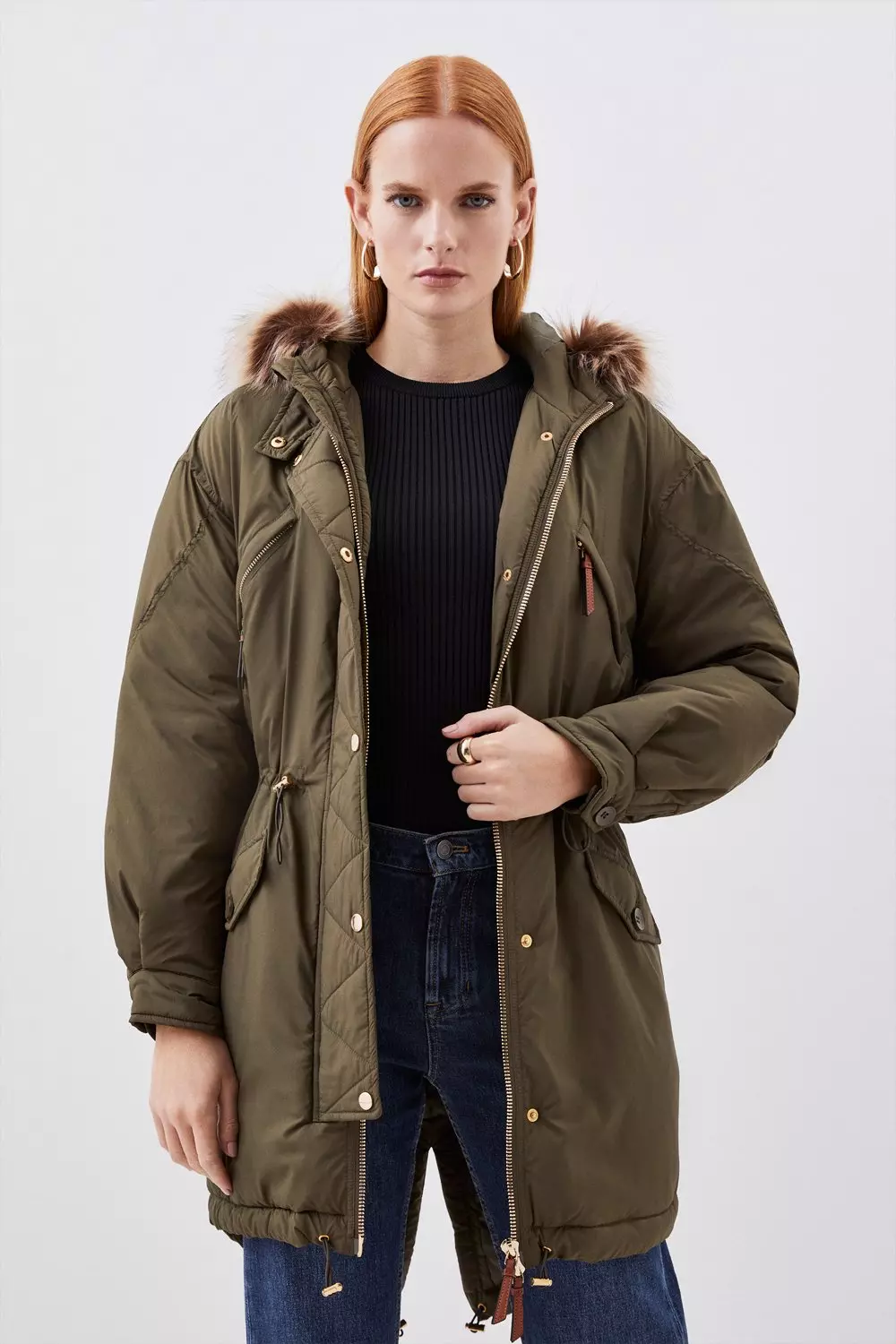 Khaki faux fur trim best sale parka coat