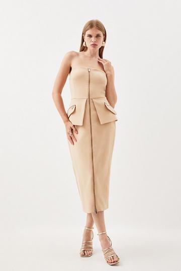Compact Stretch Zip Pocket Detail Tailored Midi Dress camel