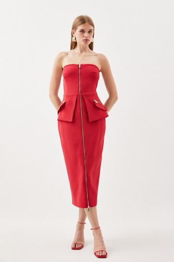 Red Compact Stretch Zip Pocket Detail Tailored Midi Dress