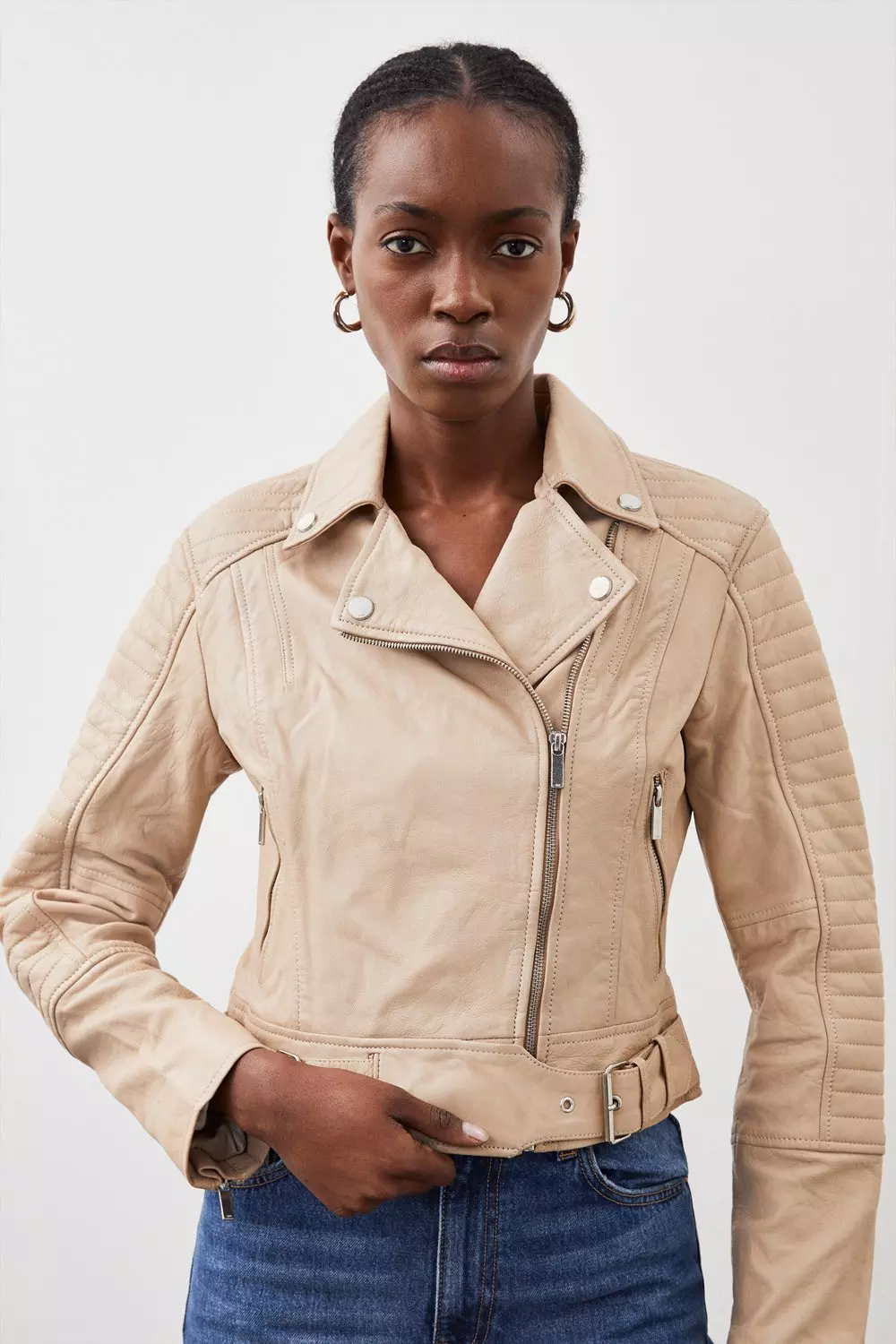 Washed Leather Rib Sleeve Detail Biker Jacket Karen Millen