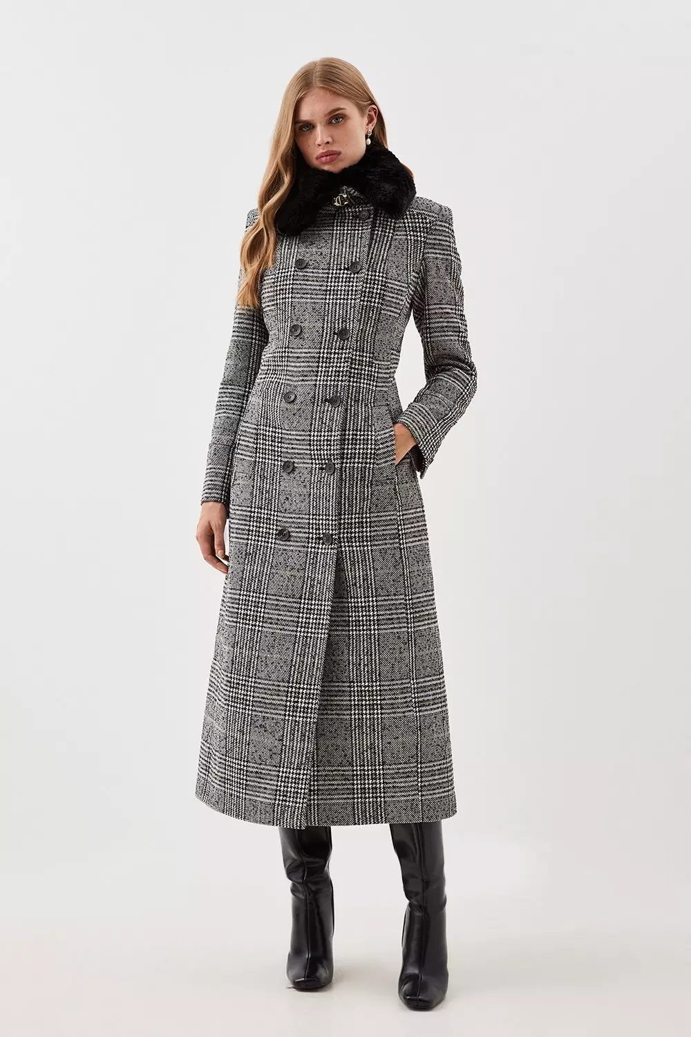 Lydia Millen Tailored Check Faux Fur Collar Maxi Coat | Karen Millen