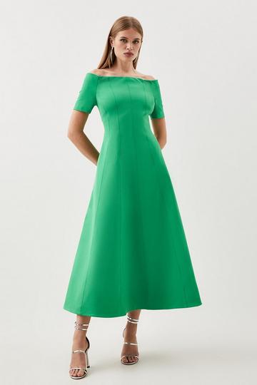 Tailored Stretch Crepe Bardot Midi Dress green