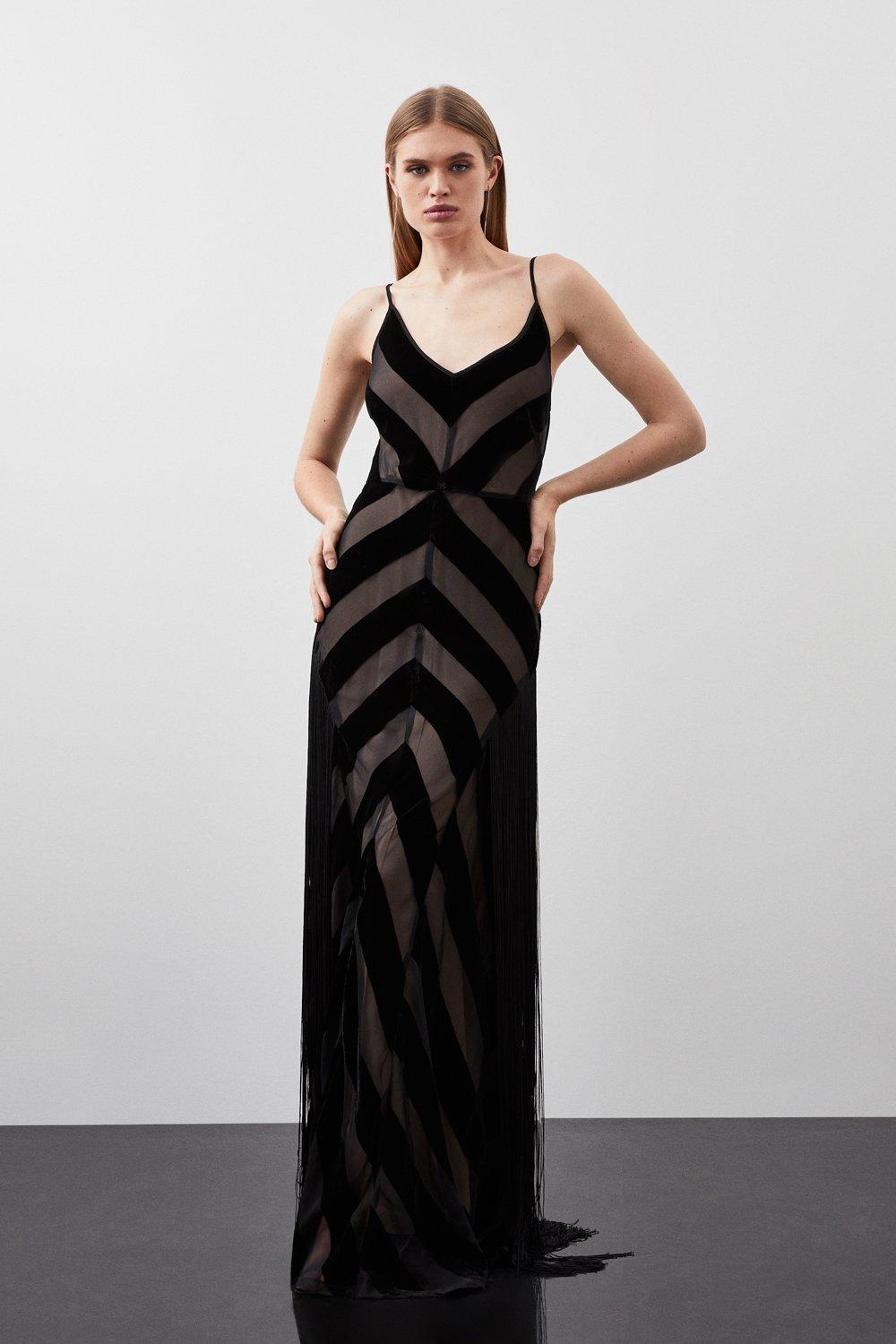 Fringed Velvet Devore Woven Maxi Dress Karen Millen