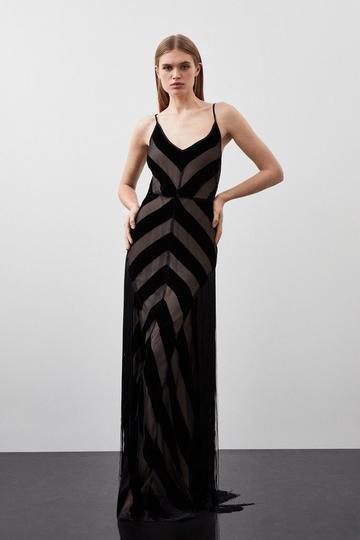 Black Fringed Velvet Devore Woven Maxi Dress