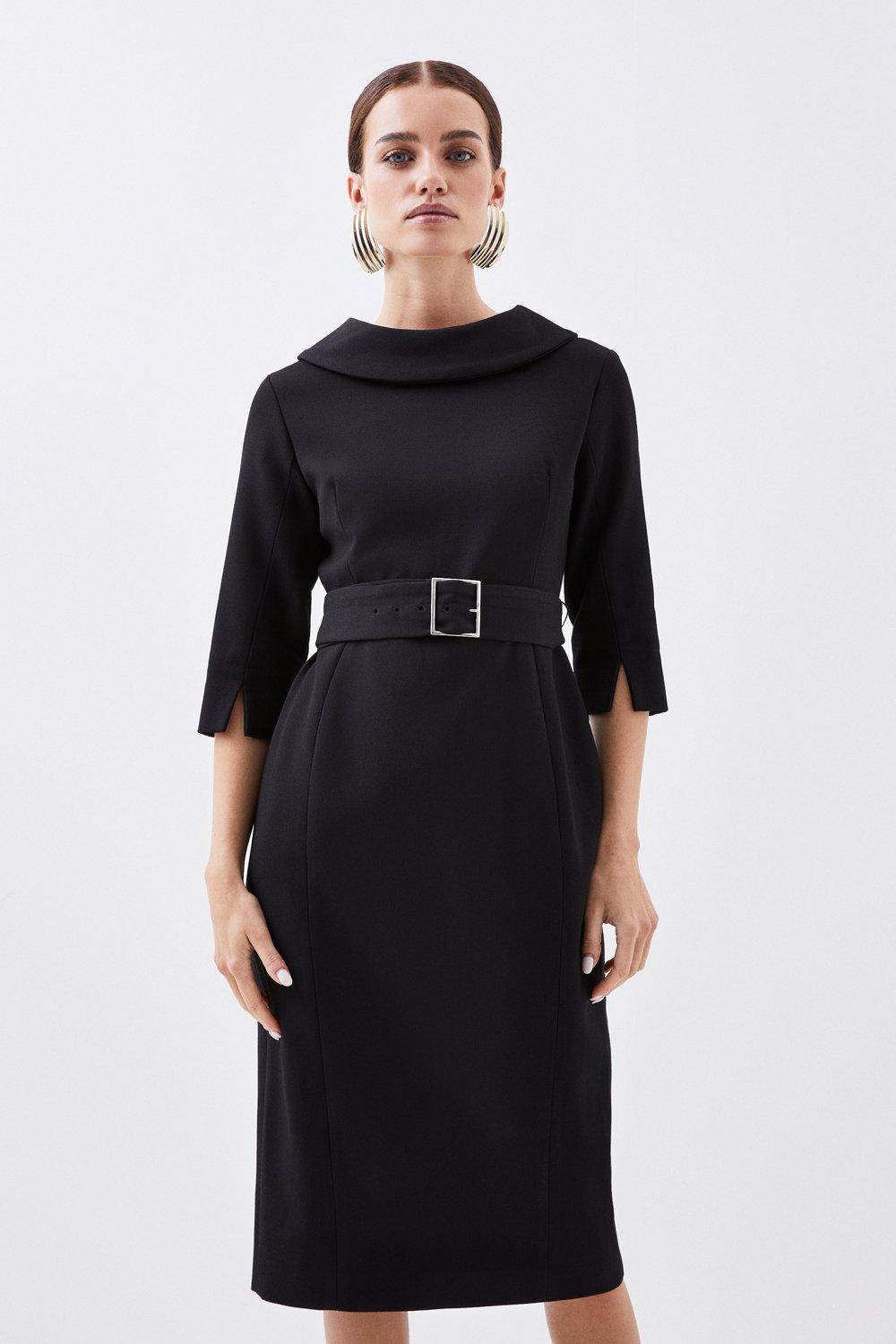 Black belted outlet dress with sleeves