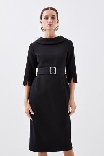 Petite Structured Crepe Roll Neck Belted Tailored Midi Dress black