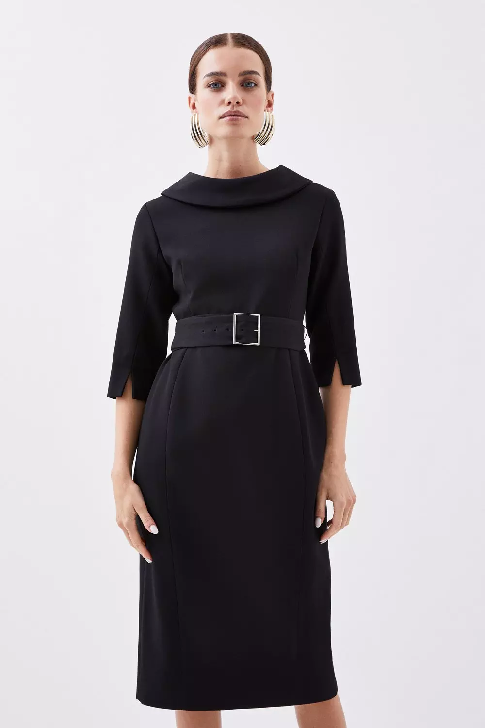 Petite Structured Crepe Turtleneck Belted Tailored Midi Dress | Karen Millen