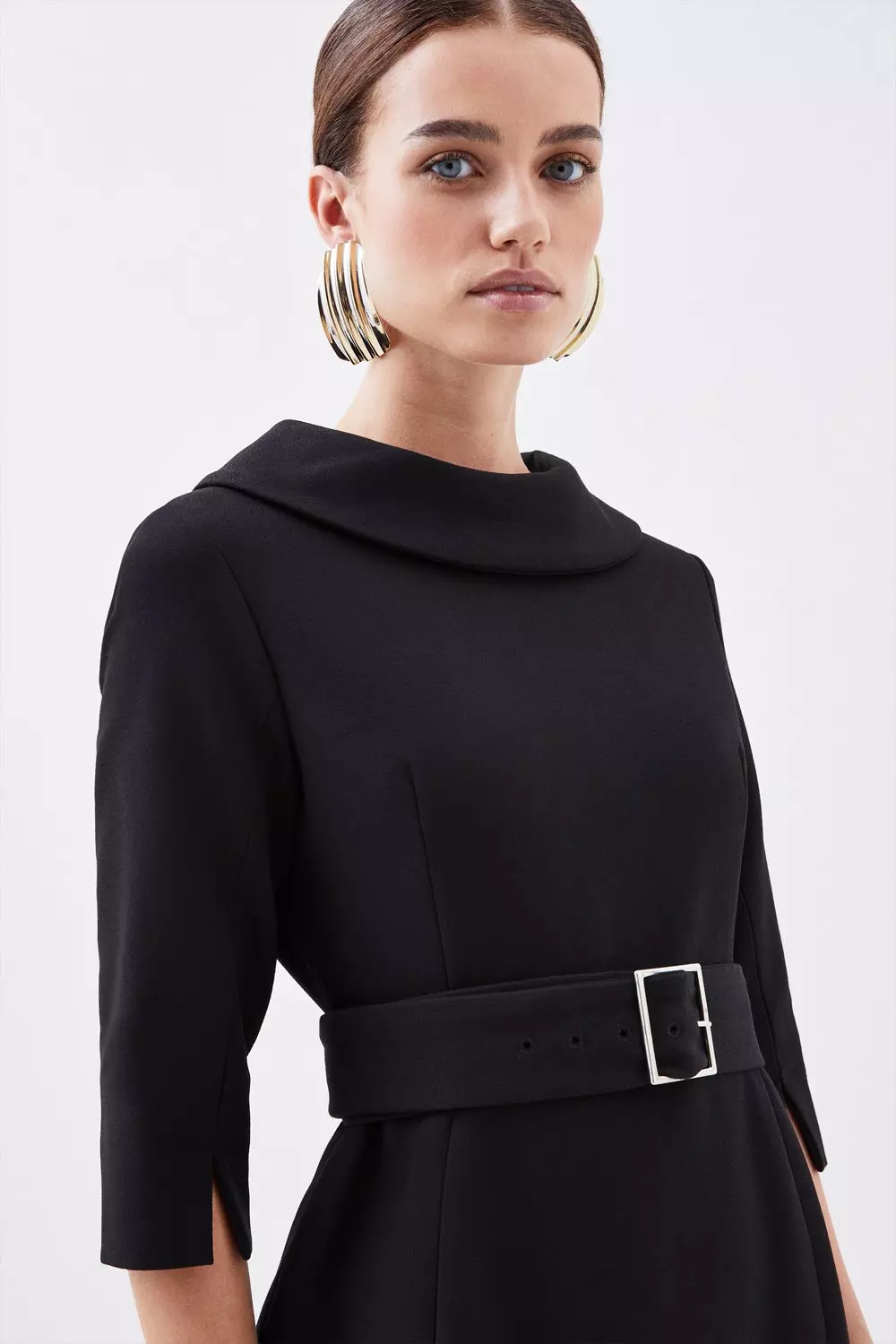 Tailored Structured Crepe Turtleneck Belted Midi Dress