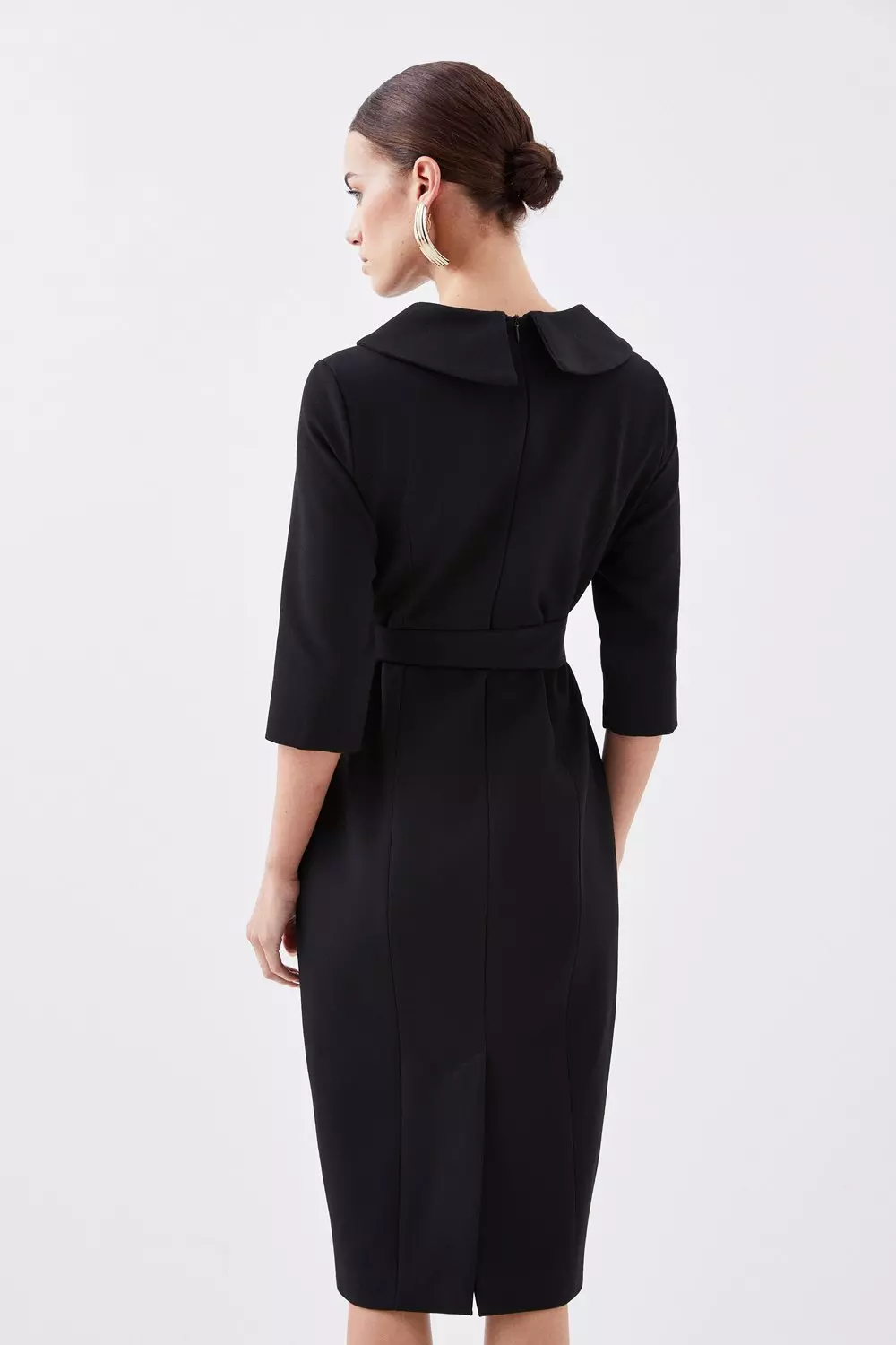 Tailored Structured Crepe Turtleneck Belted Midi Dress