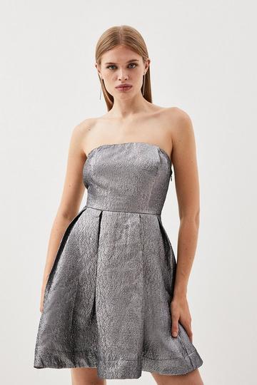 Silver Silver Metallic Jacquard Twill Strappy Woven Mini Dress