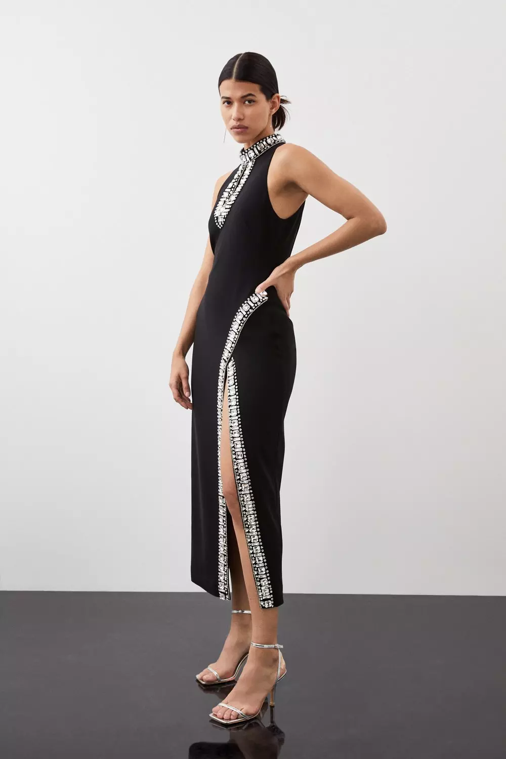 Petite Crystal Embellished Woven Thigh Split Midi Dress Karen