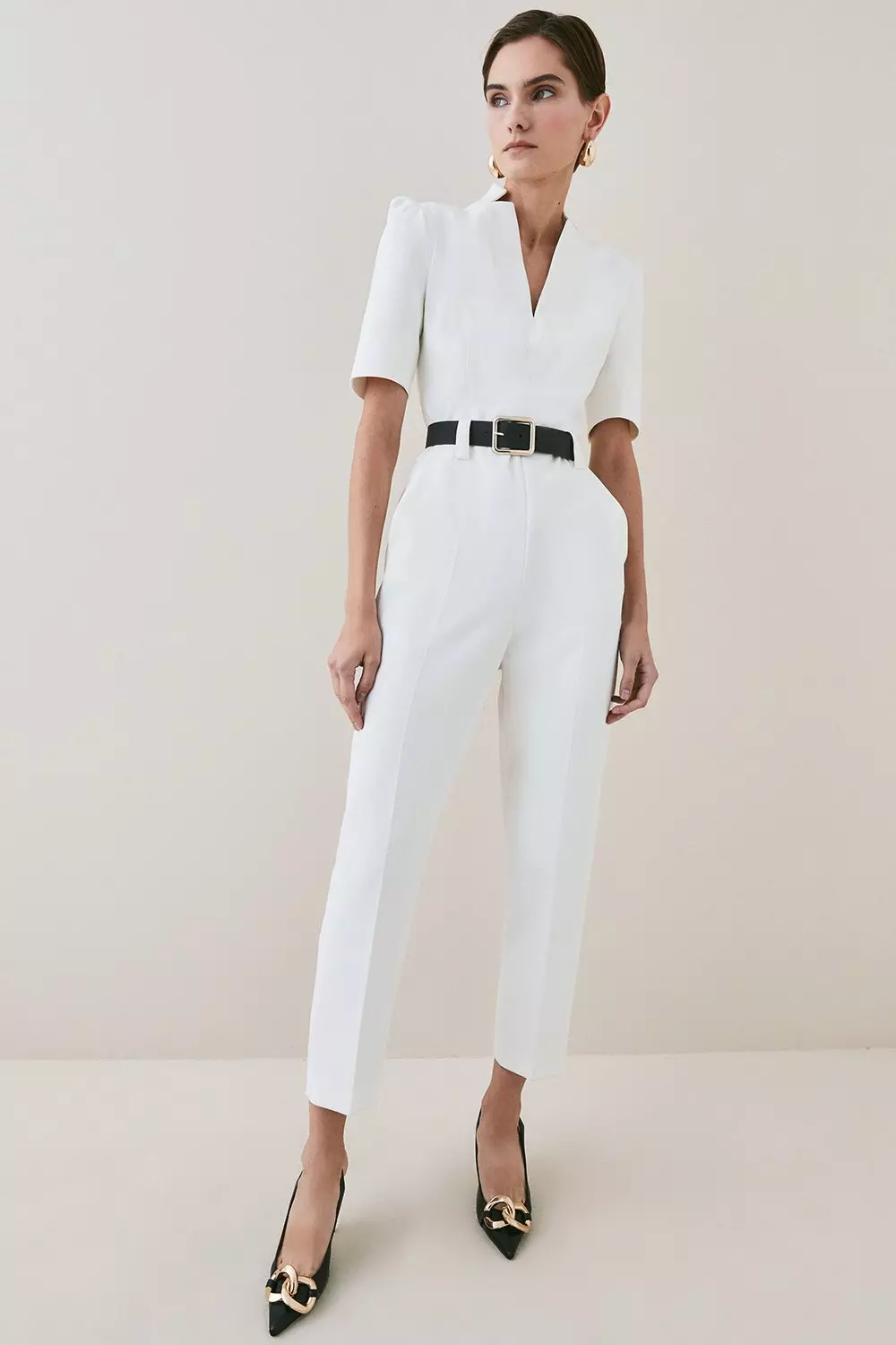 Petite Cape Sleeve Belted Tailored Jumpsuit