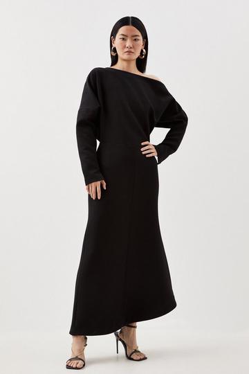 Black Compact Stretch Tailored Off Shoulder Long Sleeve Maxi Dress