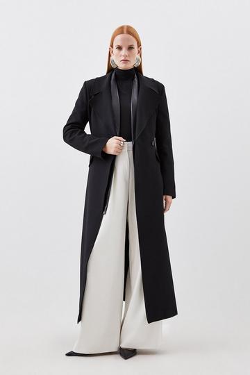 Black Compact Stretch Double Breasted Full Skirt Midi Coat