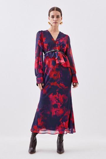 Petite Floral Printed Georgette Belted Woven Maxi Dress floral