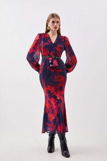 Floral Printed Georgette Belted Woven Maxi Dress floral