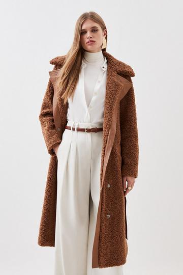 Collared Faux Fur Belted Coat toffee