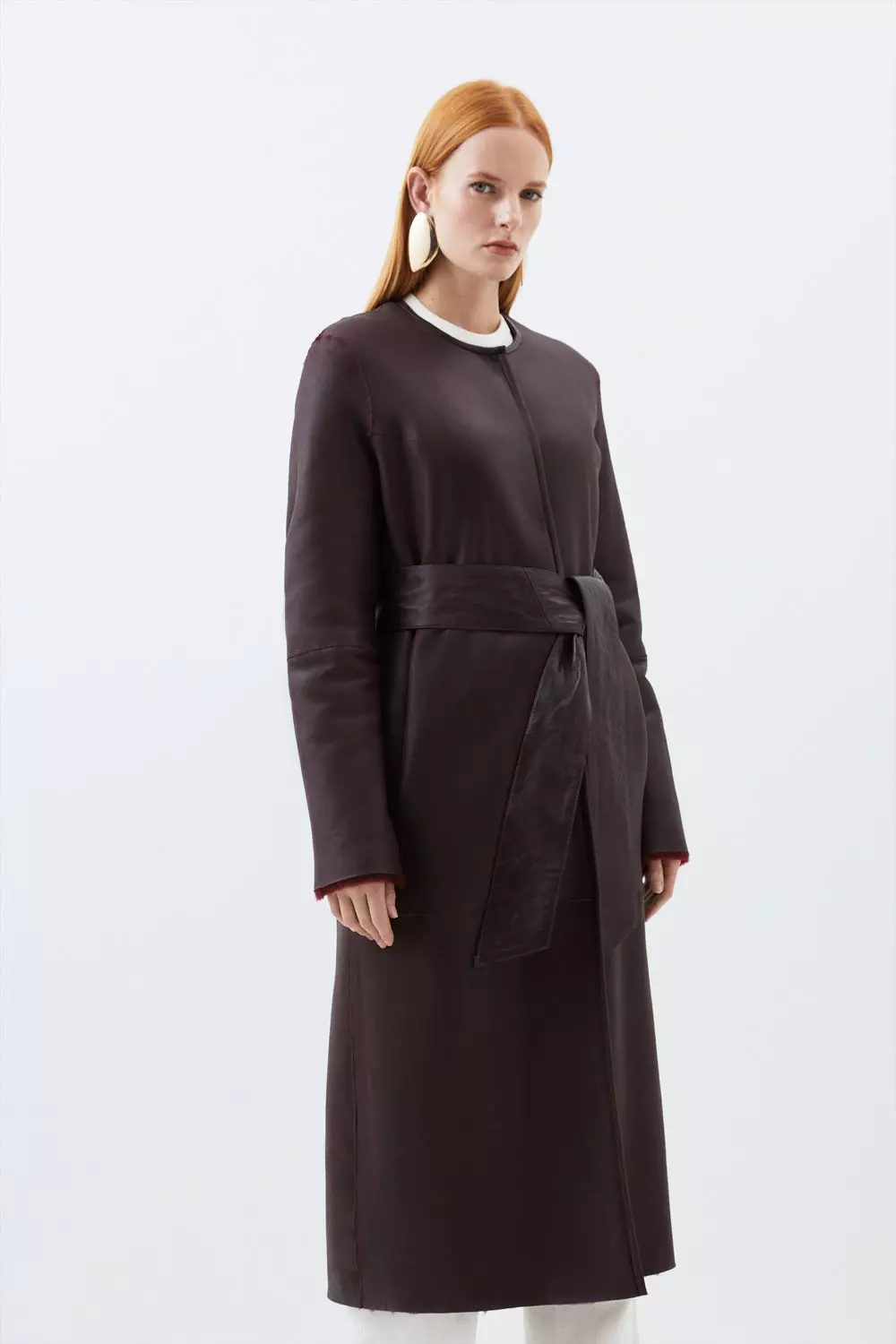 Shearling Collarless Tie Belt Reversible Midi Coat