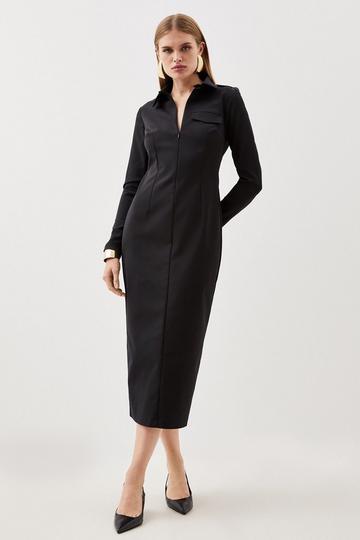 Black Tailored Pocket Detail Fitted Maxi Shirt Dress