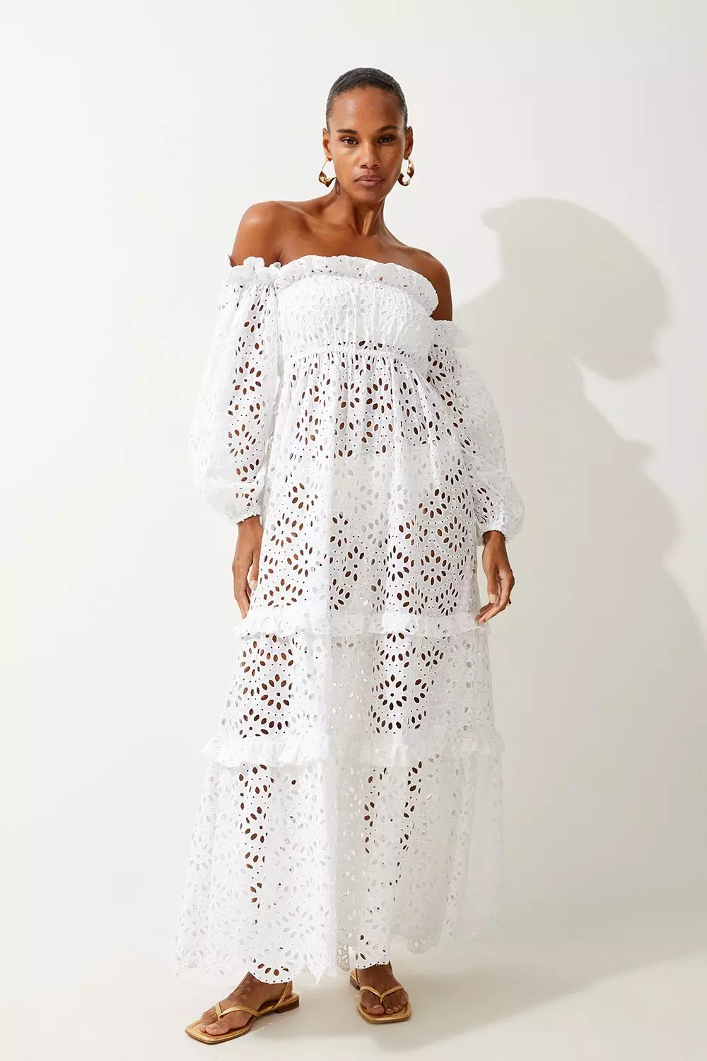 Off Shoulder Eyelet Maxi Beach Woven Dress